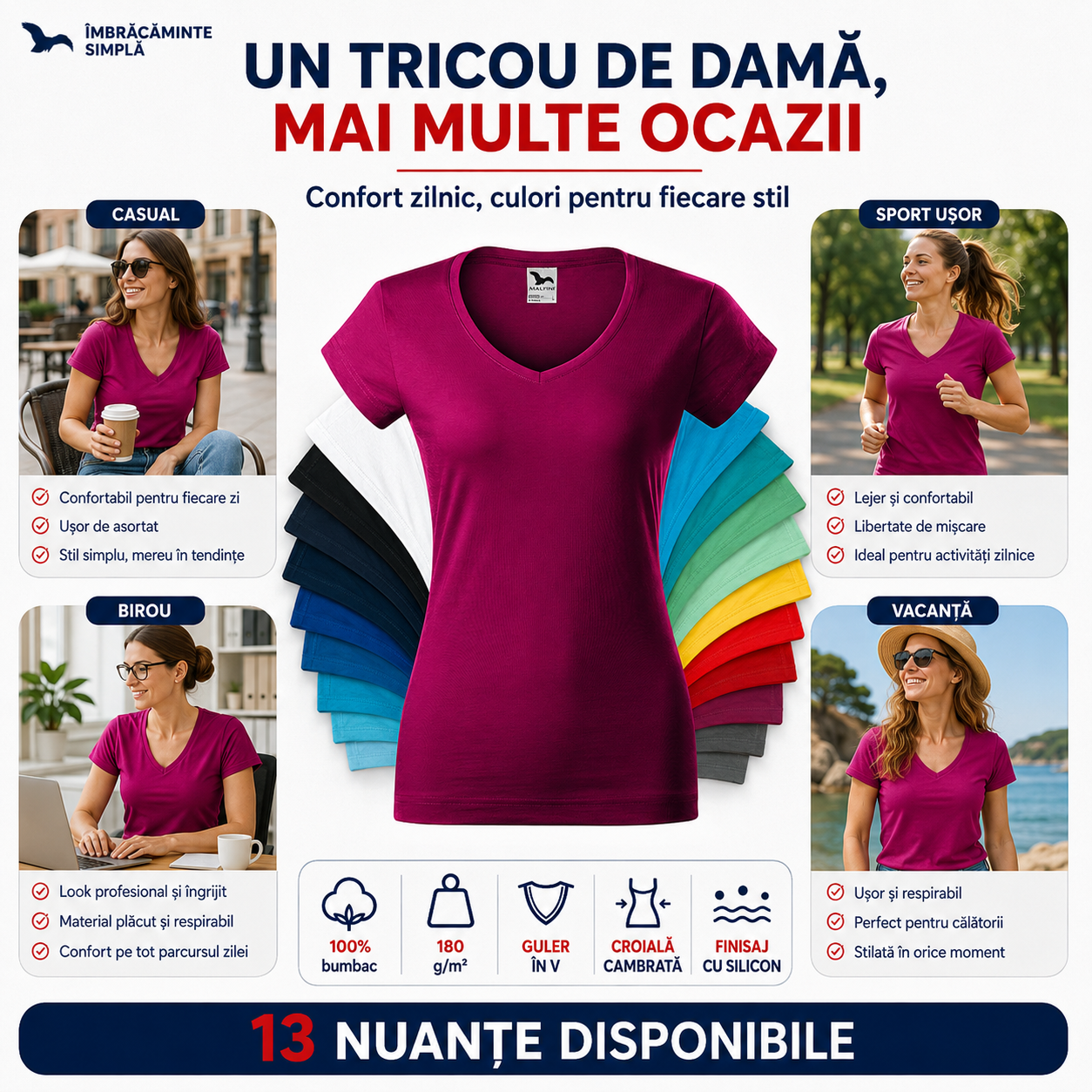 Tricou damă cu guler &icirc;n V Malfini 162 Fit V-Neck vedere față lateral și spate